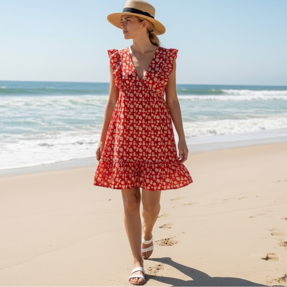 Red Floral V-Neck Ruffle Flutter Sleeve Dress Womens Large Vacation Casual New